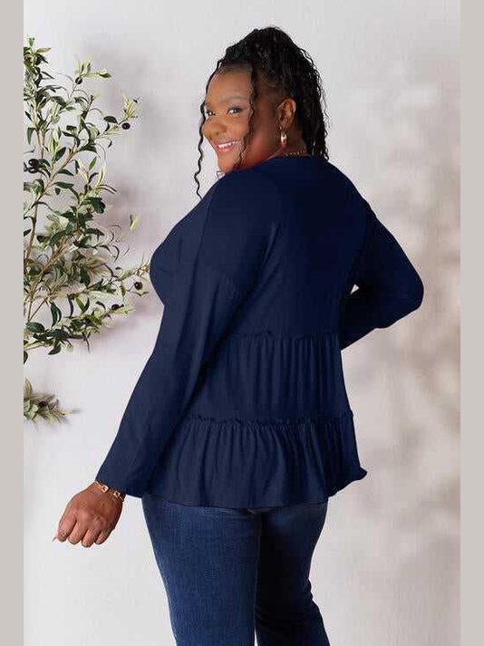 Double Take Half Button Long Sleeve Ruffle Hem Blouse -- 