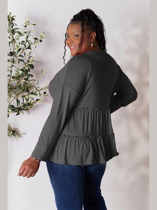 Double Take Half Button Long Sleeve Ruffle Hem Blouse -- 