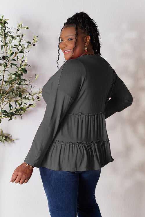 Double Take Half Button Long Sleeve Ruffle Hem Blouse -- 