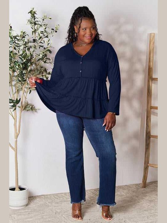Double Take Half Button Long Sleeve Ruffle Hem Blouse -- 