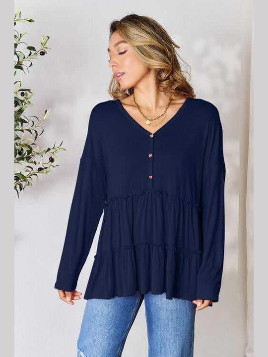 Double Take Half Button Long Sleeve Ruffle Hem Blouse -- 