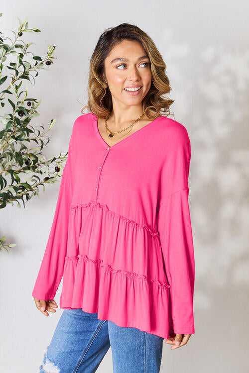 Double Take Half Button Long Sleeve Ruffle Hem Blouse -- 
