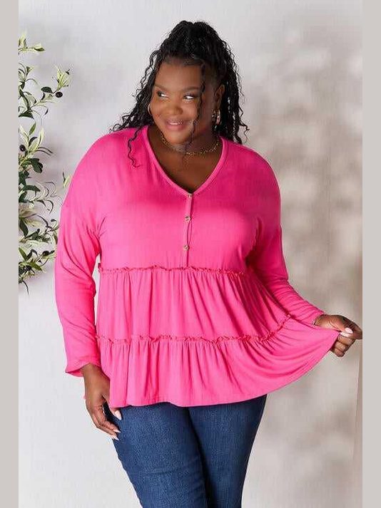 Double Take Half Button Long Sleeve Ruffle Hem Blouse -- 