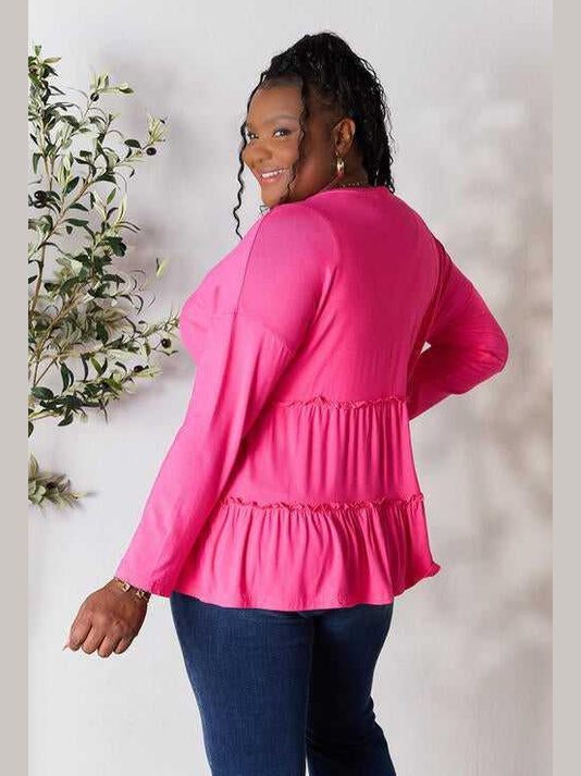 Double Take Half Button Long Sleeve Ruffle Hem Blouse -- 