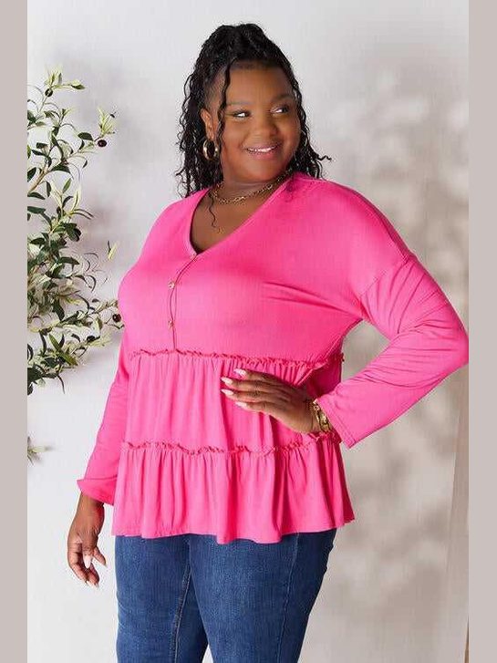 Double Take Half Button Long Sleeve Ruffle Hem Blouse -- 