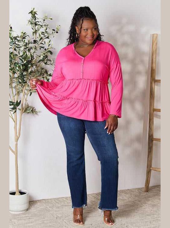 Double Take Half Button Long Sleeve Ruffle Hem Blouse -- 
