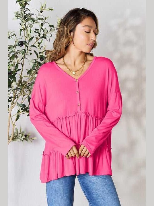 Double Take Half Button Long Sleeve Ruffle Hem Blouse -- 