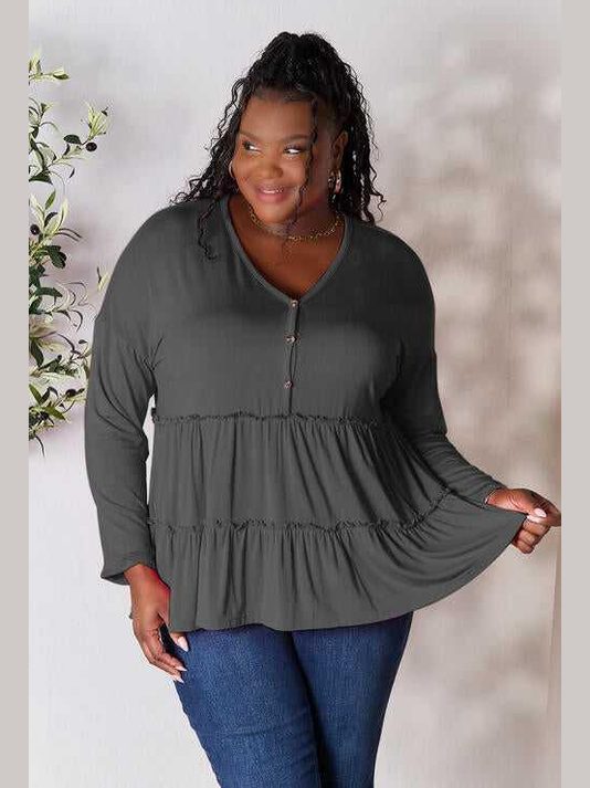 Double Take Half Button Long Sleeve Ruffle Hem Blouse -- 