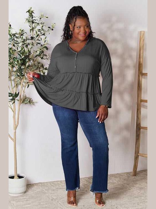 Double Take Half Button Long Sleeve Ruffle Hem Blouse -- 