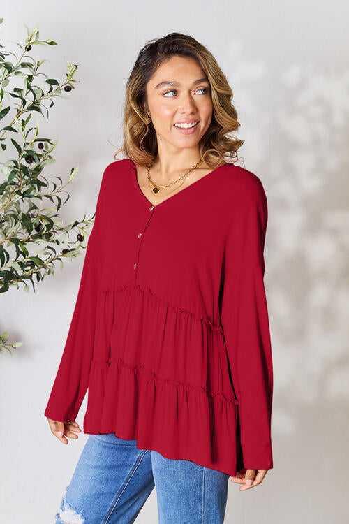 Double Take Half Button Long Sleeve Ruffle Hem Blouse -- 
