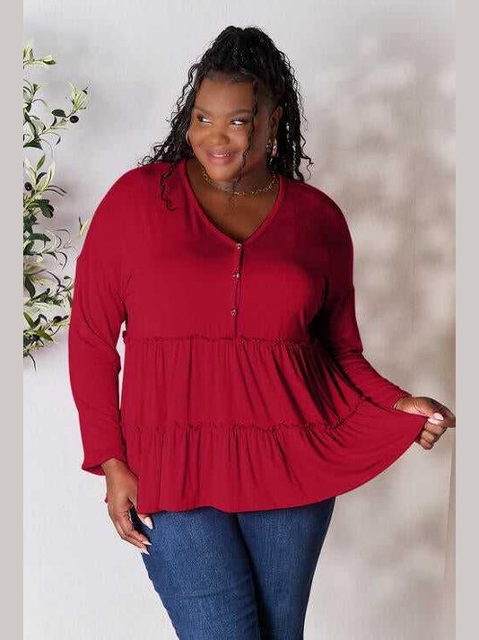 Double Take Half Button Long Sleeve Ruffle Hem Blouse -- 