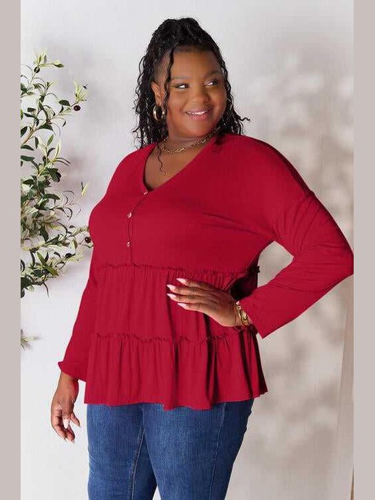 Double Take Half Button Long Sleeve Ruffle Hem Blouse -- 