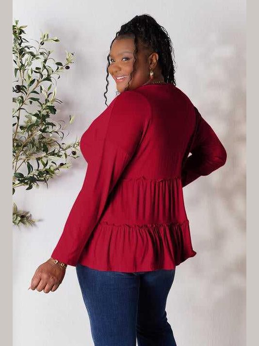 Double Take Half Button Long Sleeve Ruffle Hem Blouse -- 