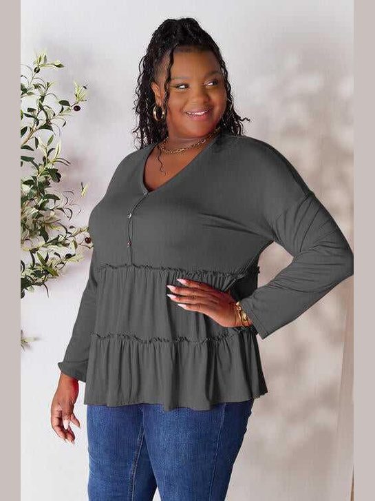 Double Take Half Button Long Sleeve Ruffle Hem Blouse -- 