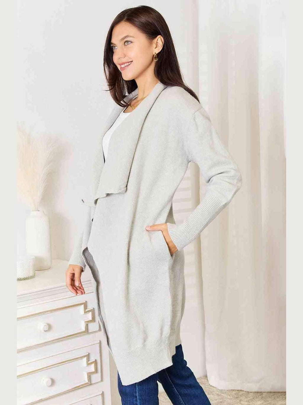 Double Take Open Front Duster Cardigan with Pockets -- 