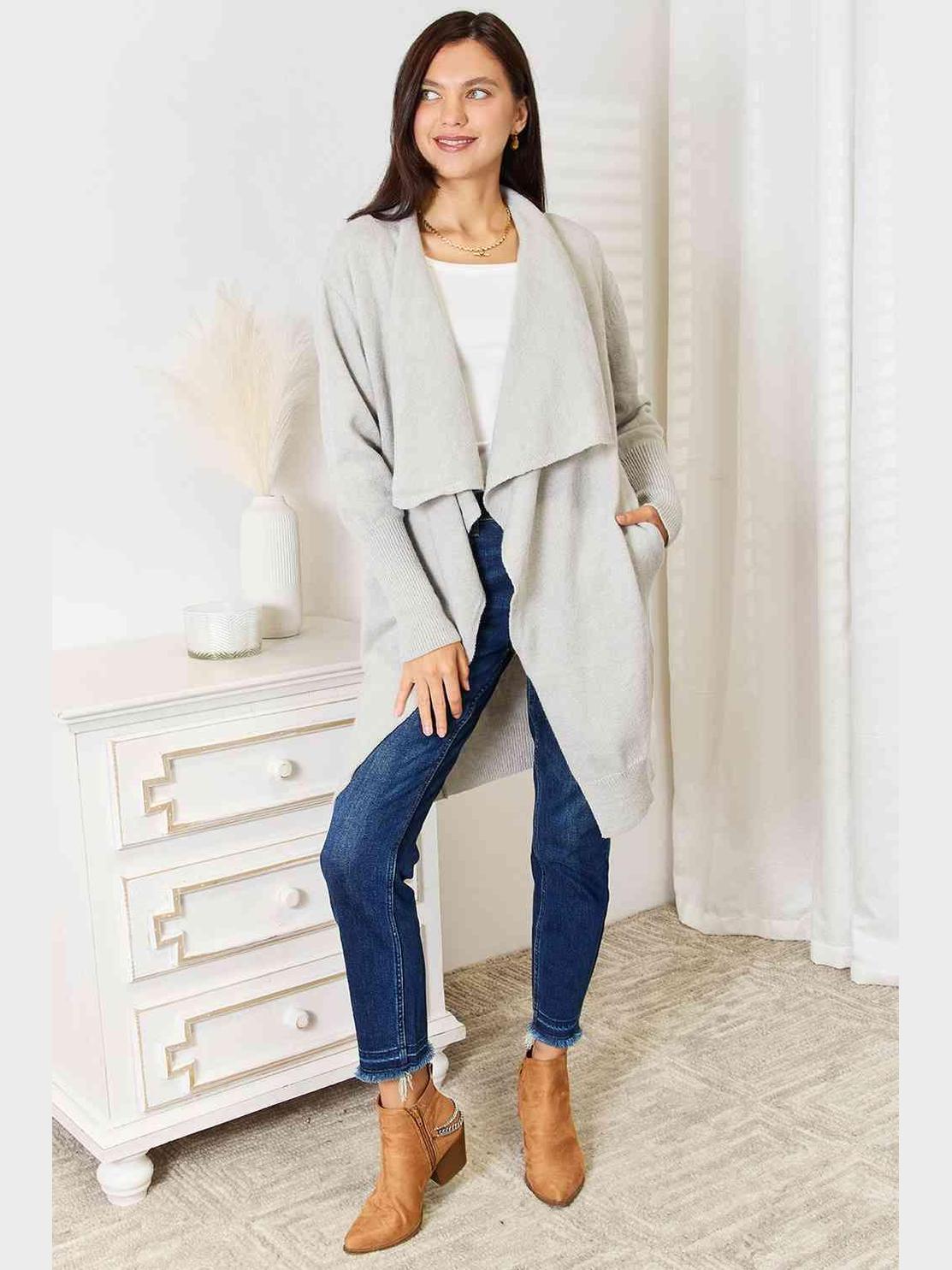 Double Take Open Front Duster Cardigan with Pockets -- 