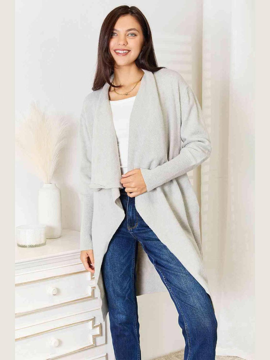Double Take Open Front Duster Cardigan with Pockets -- 
