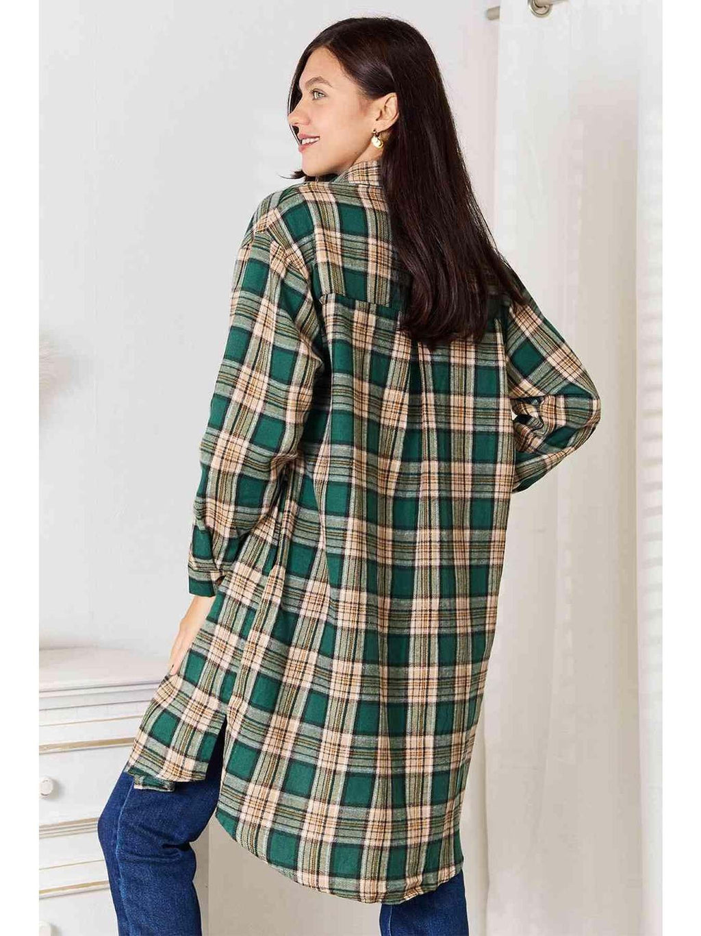 Double Take Plaid Collared Neck Long Sleeve Shirt -- 