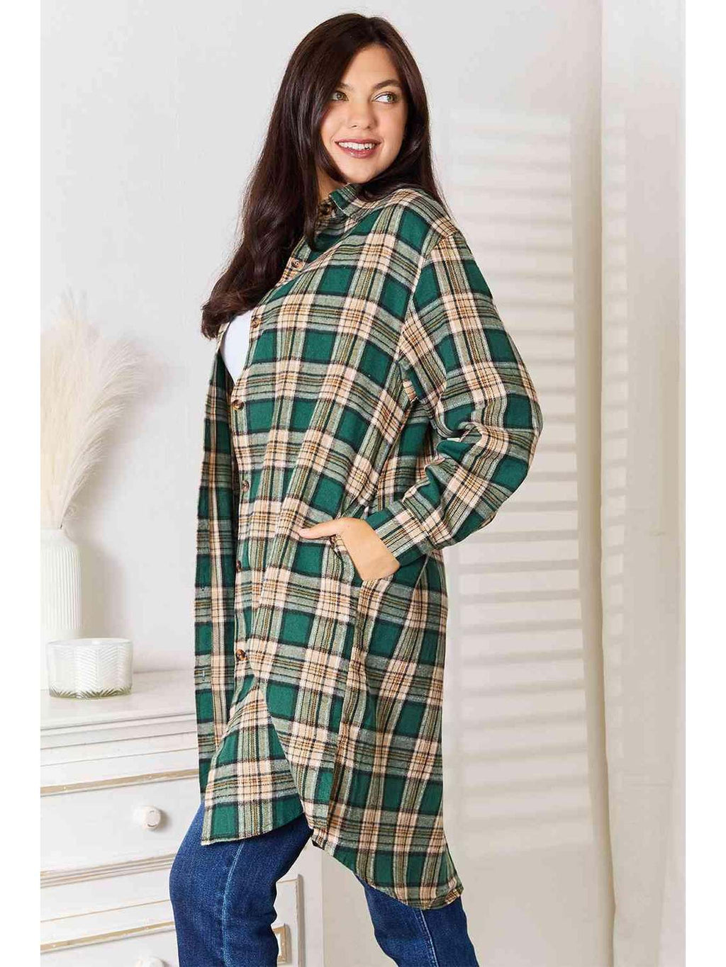 Double Take Plaid Collared Neck Long Sleeve Shirt -- 