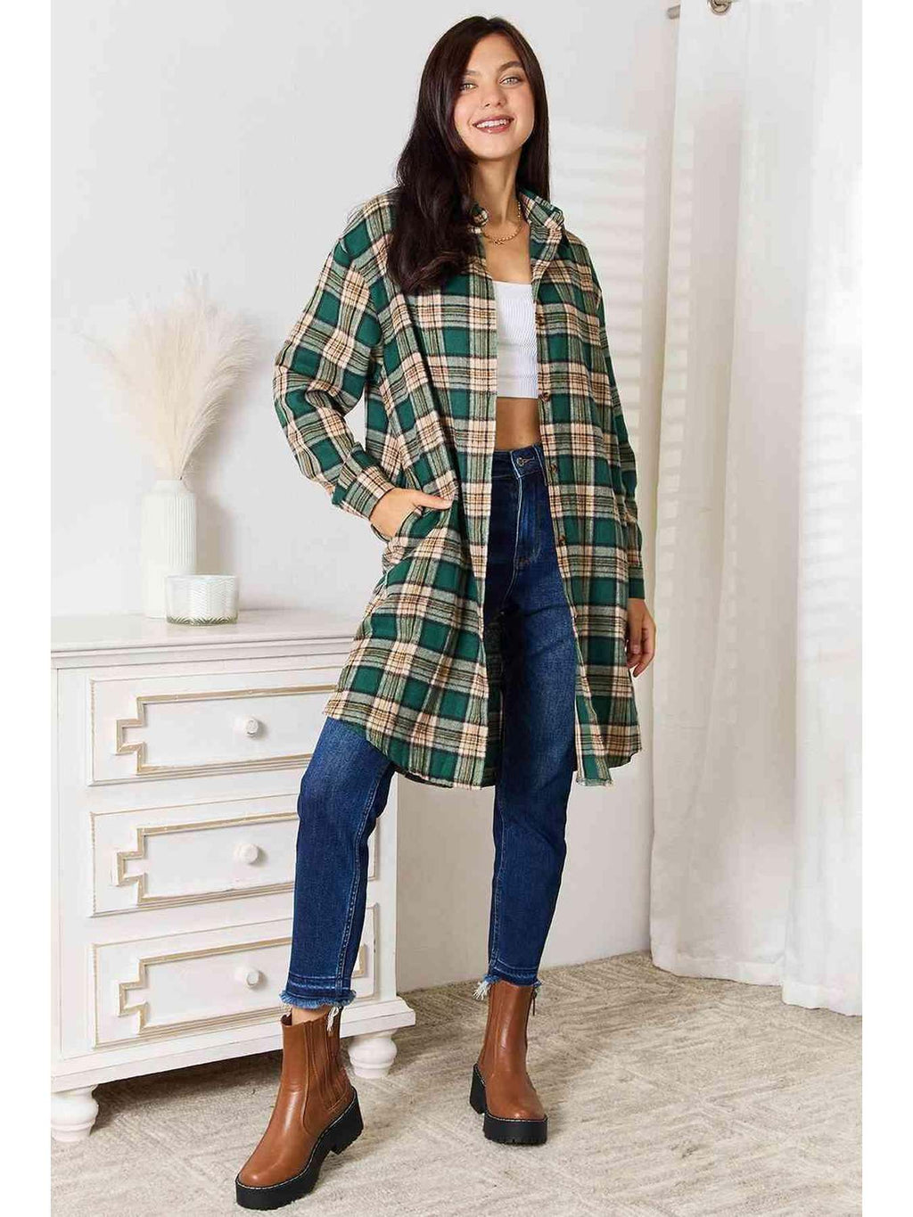 Double Take Plaid Collared Neck Long Sleeve Shirt -- 