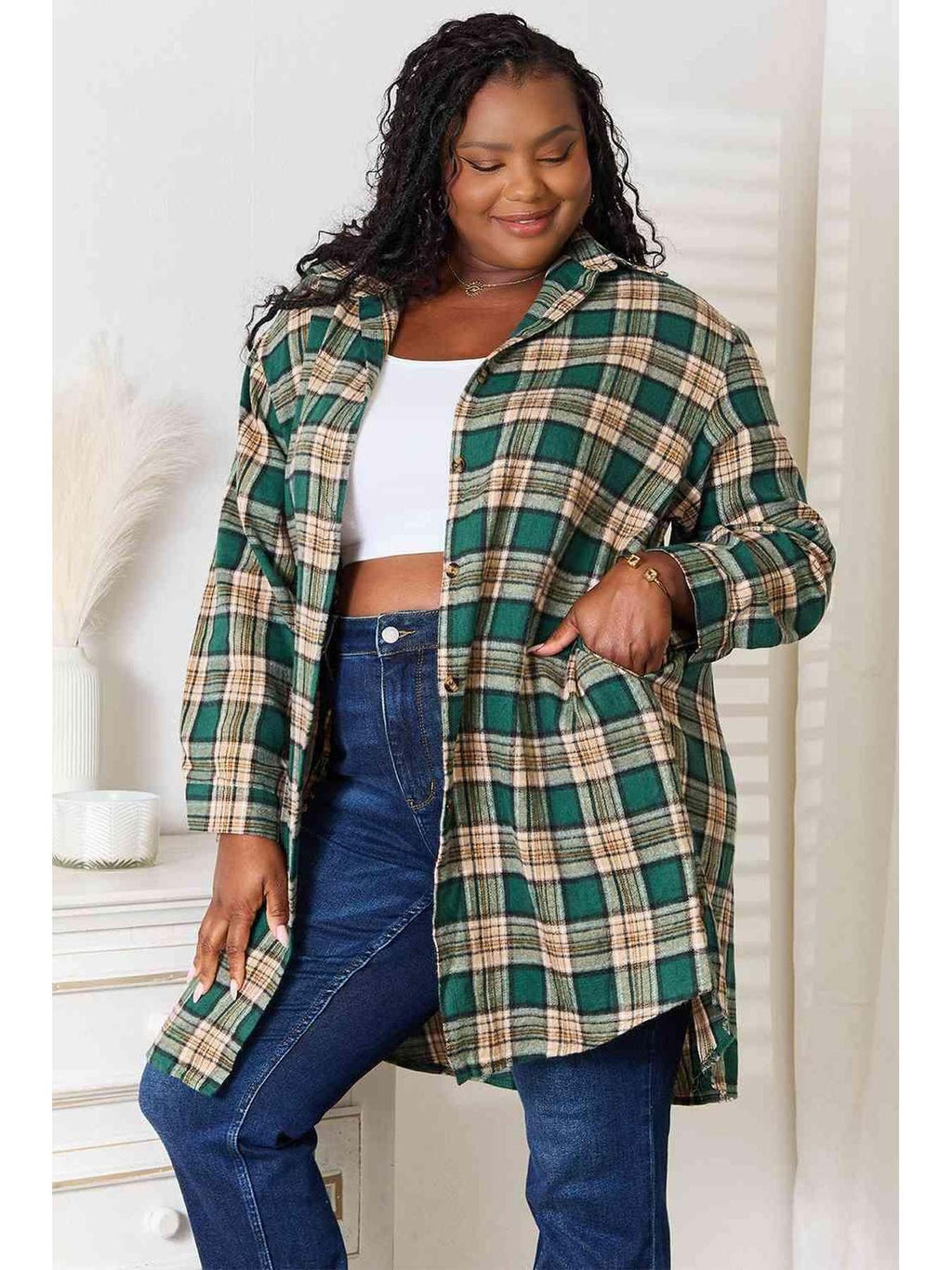 Double Take Plaid Collared Neck Long Sleeve Shirt -- 