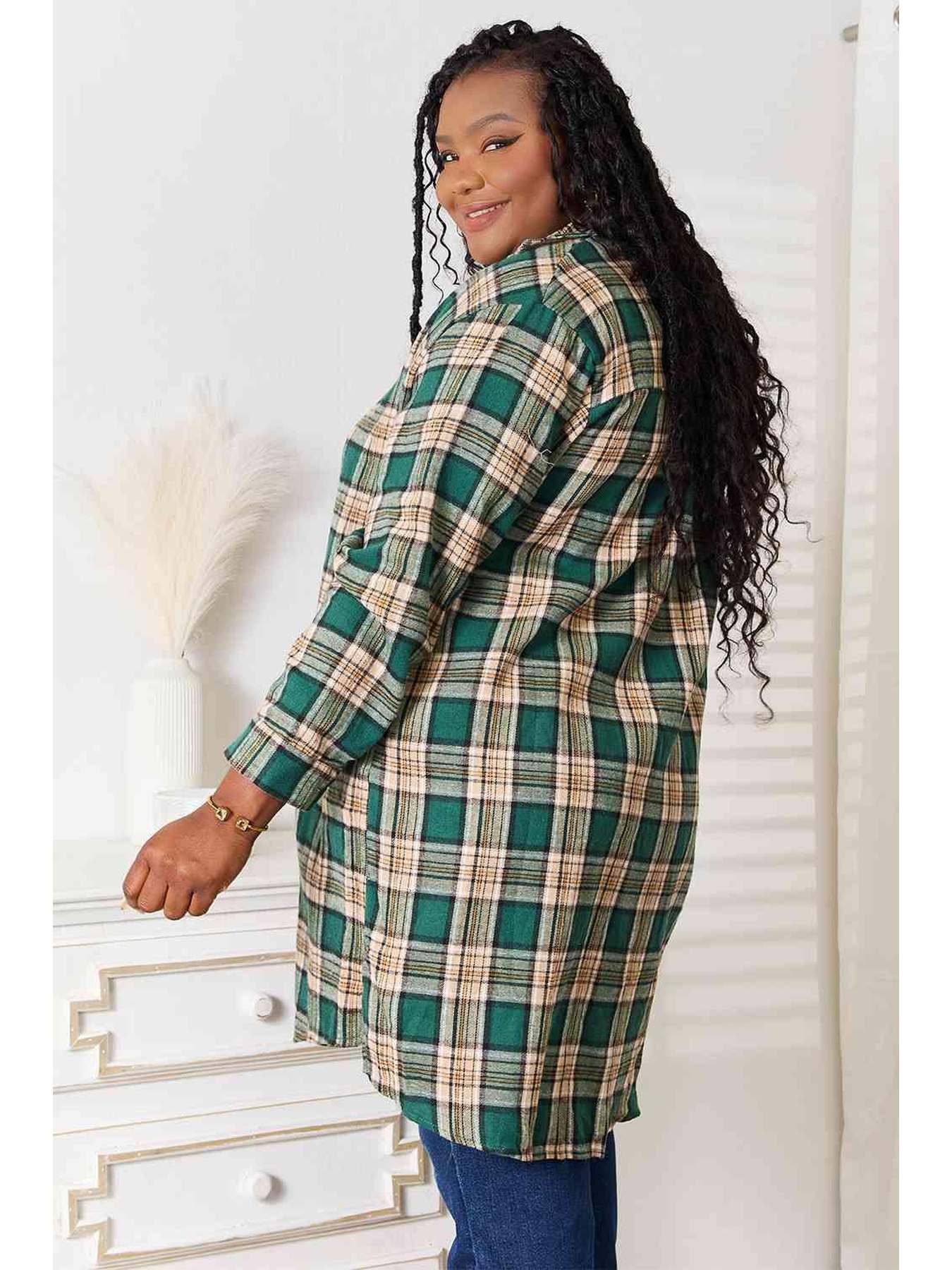 Double Take Plaid Collared Neck Long Sleeve Shirt -- 