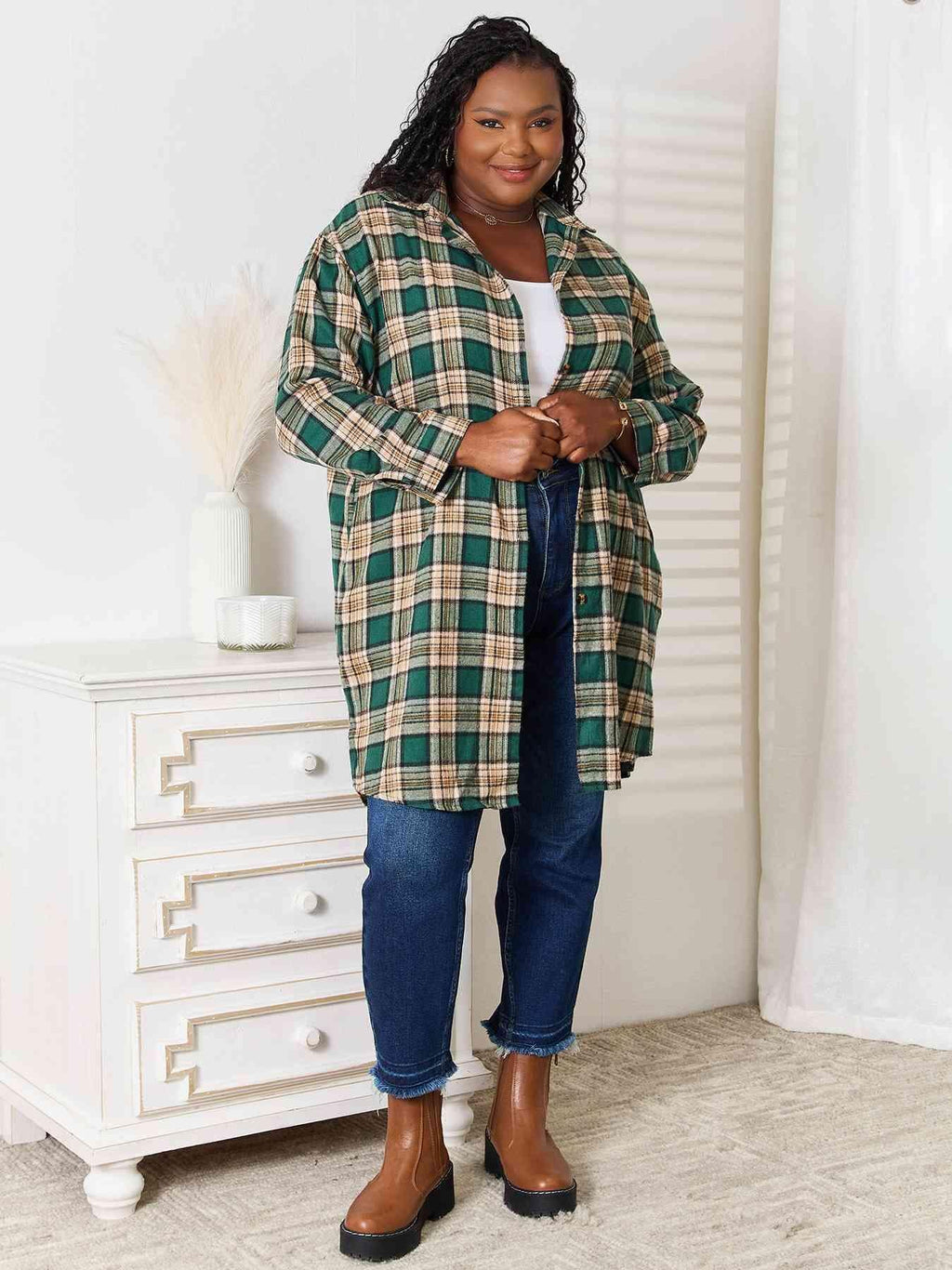 Double Take Plaid Collared Neck Long Sleeve Shirt -- 