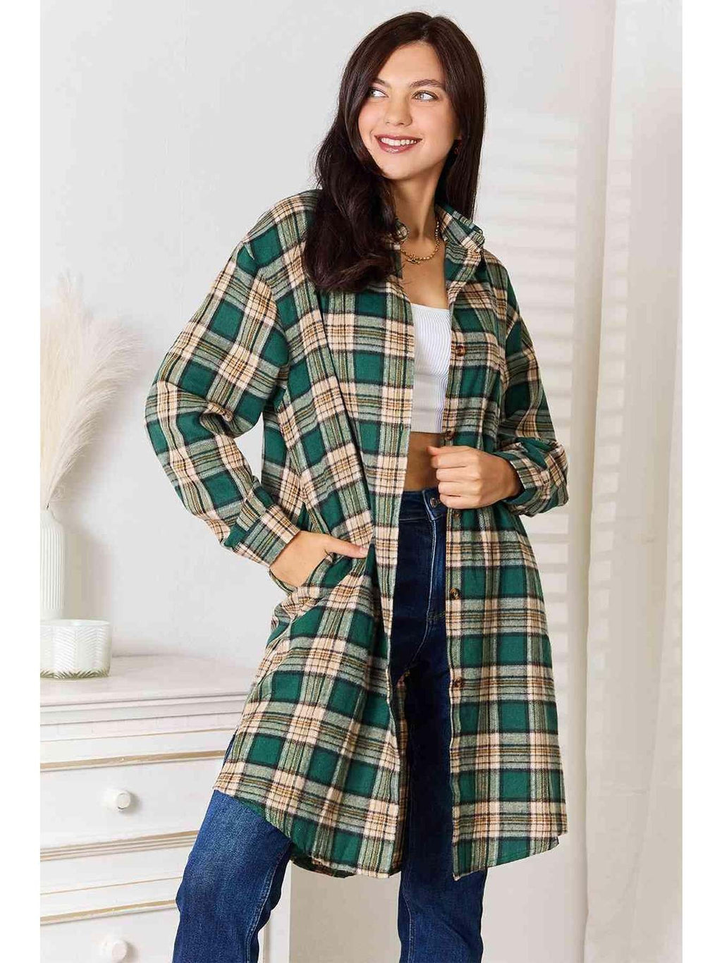 Double Take Plaid Collared Neck Long Sleeve Shirt -- 