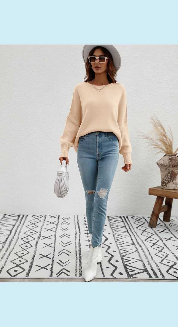 Exposed Seam Dropped Shoulder Slit Sweater