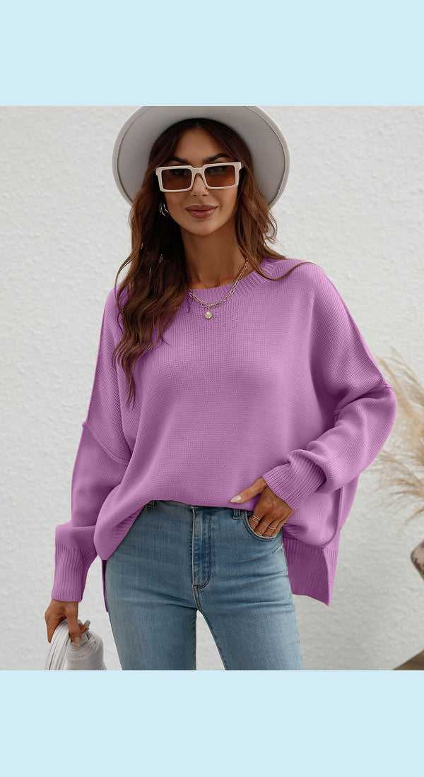 Exposed Seam Dropped Shoulder Slit Sweater
