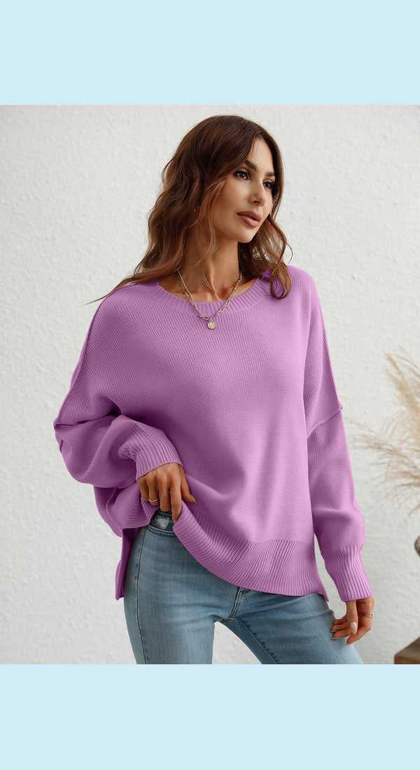 Exposed Seam Dropped Shoulder Slit Sweater
