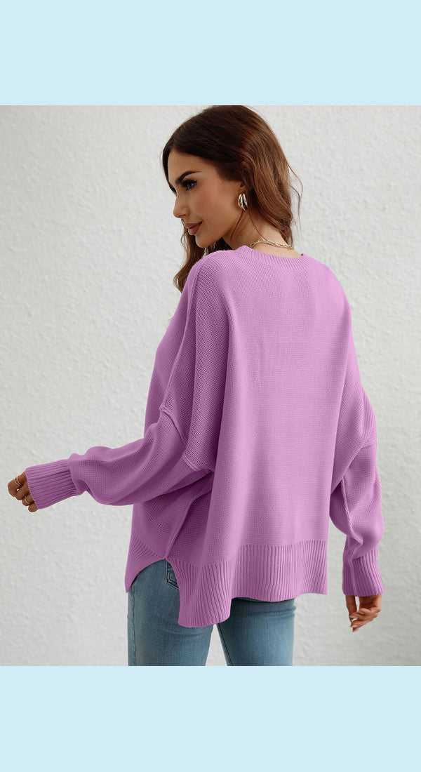 Exposed Seam Dropped Shoulder Slit Sweater