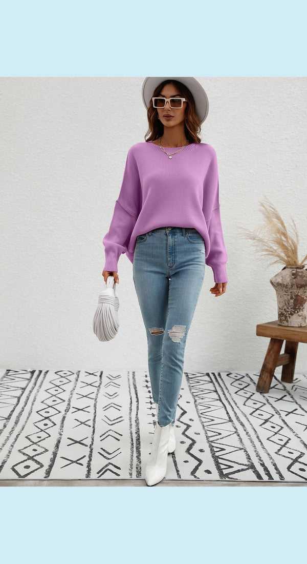 Exposed Seam Dropped Shoulder Slit Sweater