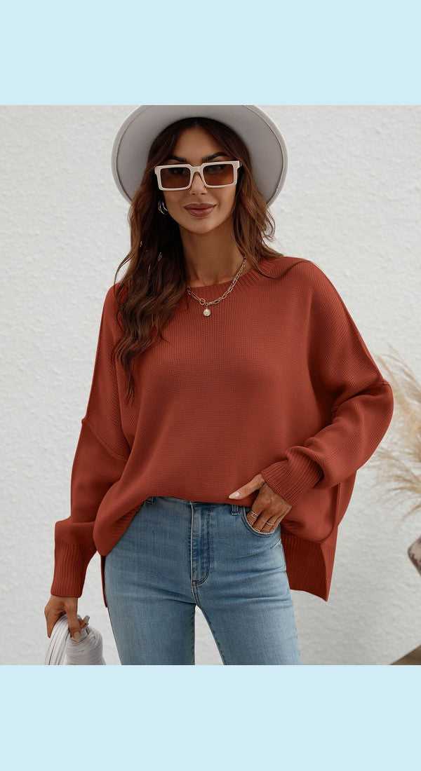 Exposed Seam Dropped Shoulder Slit Sweater