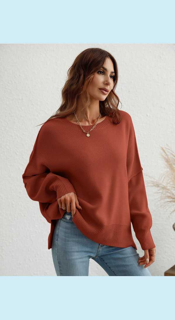 Exposed Seam Dropped Shoulder Slit Sweater