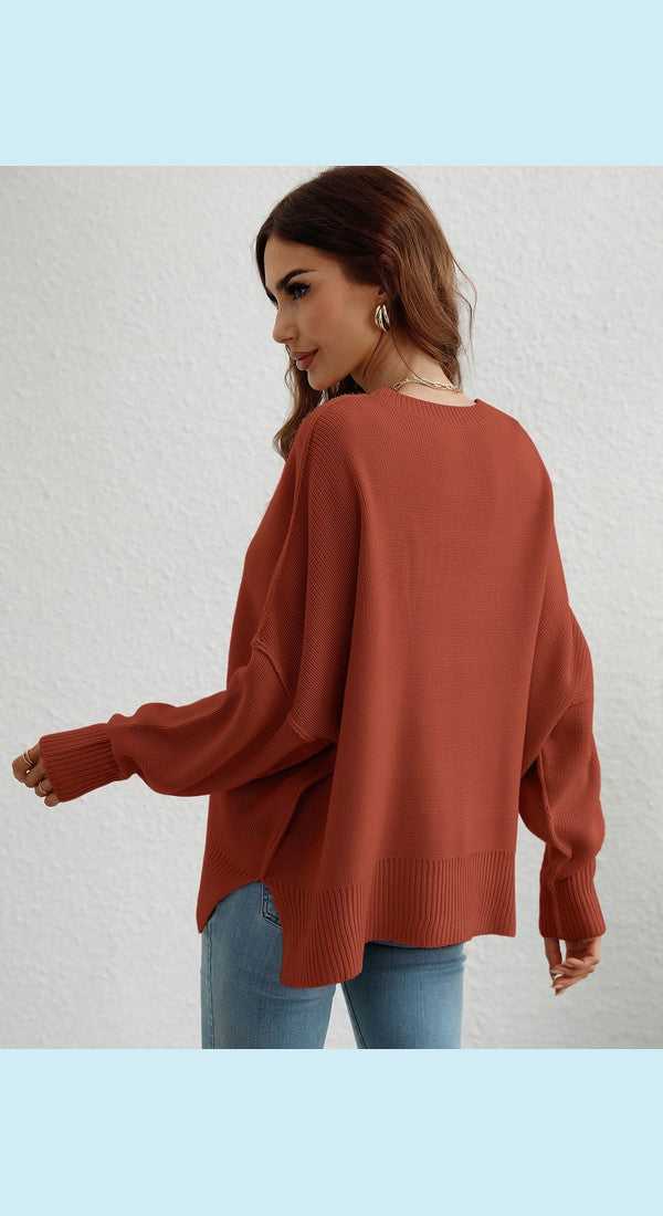 Exposed Seam Dropped Shoulder Slit Sweater