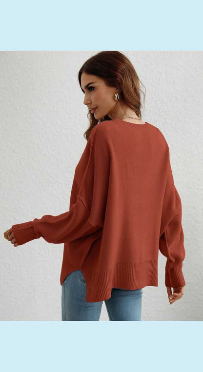 Exposed Seam Dropped Shoulder Slit Sweater
