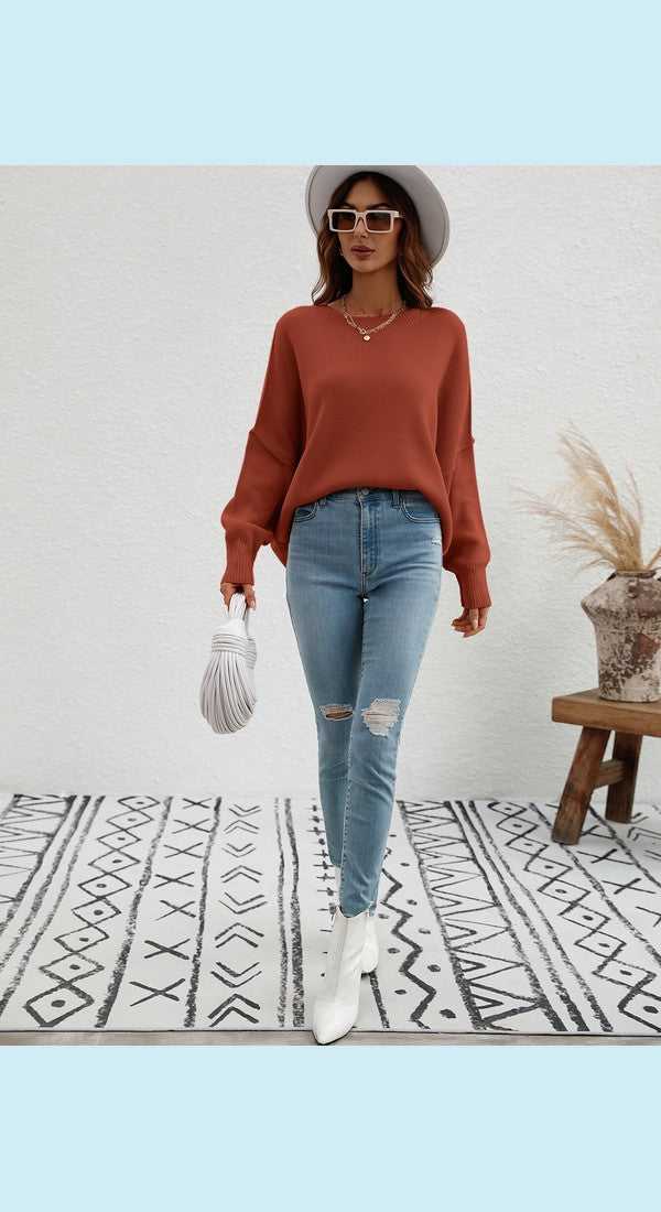 Exposed Seam Dropped Shoulder Slit Sweater