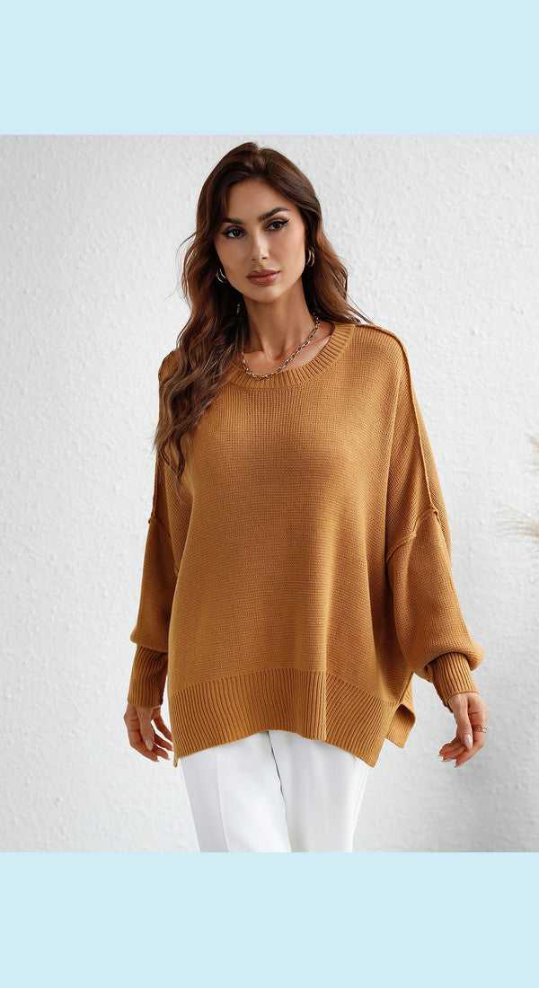 Exposed Seam Dropped Shoulder Slit Sweater