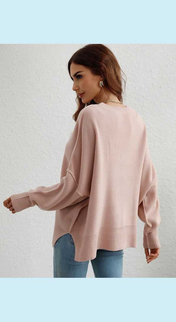 Exposed Seam Dropped Shoulder Slit Sweater