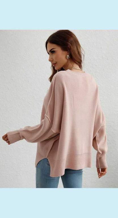 Exposed Seam Dropped Shoulder Slit Sweater