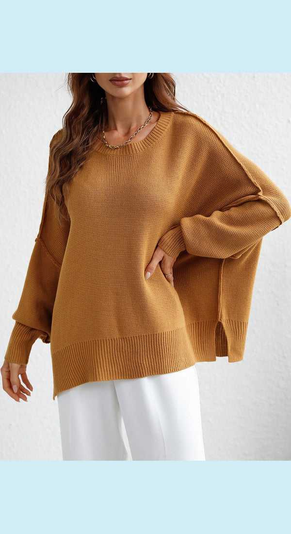 Exposed Seam Dropped Shoulder Slit Sweater