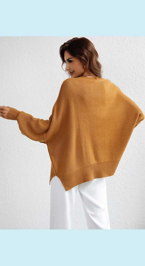 Exposed Seam Dropped Shoulder Slit Sweater