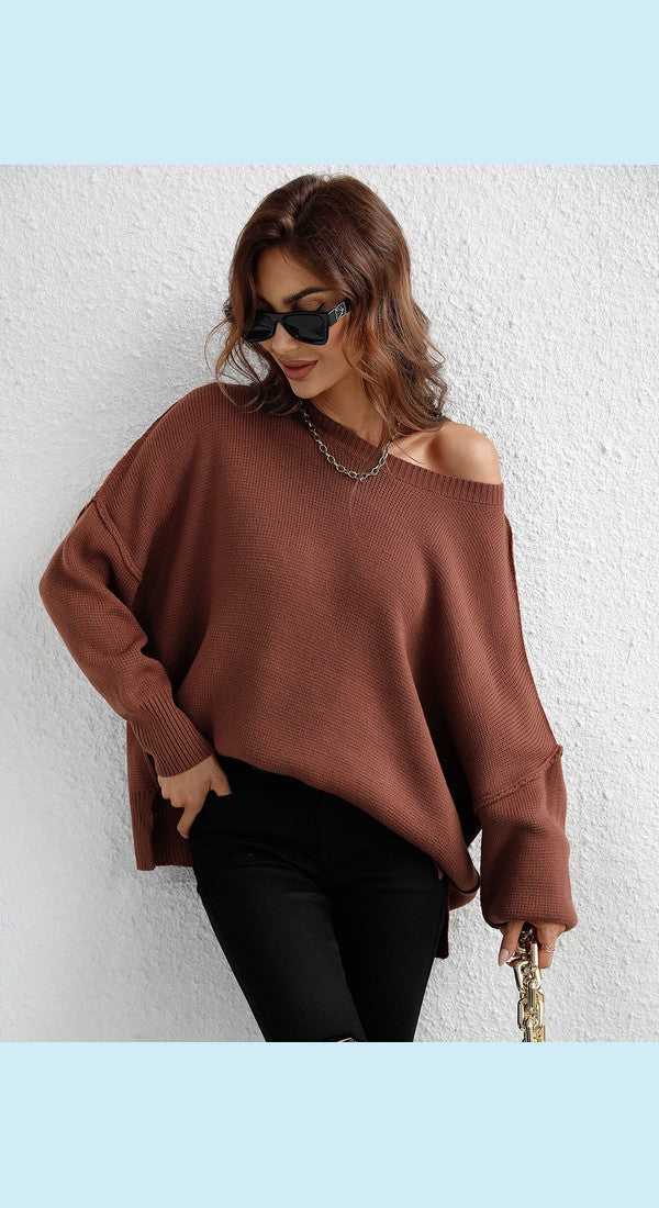 Exposed Seam Dropped Shoulder Slit Sweater