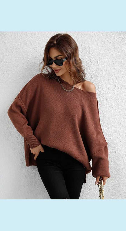 Exposed Seam Dropped Shoulder Slit Sweater