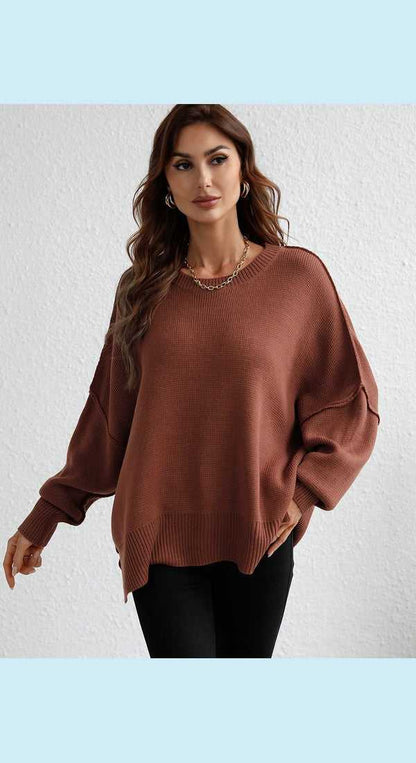Exposed Seam Dropped Shoulder Slit Sweater