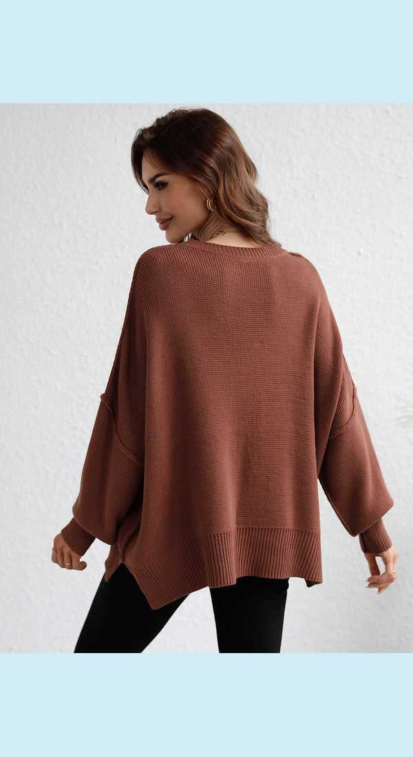 Exposed Seam Dropped Shoulder Slit Sweater