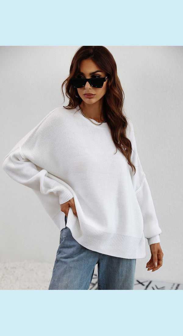 Exposed Seam Dropped Shoulder Slit Sweater