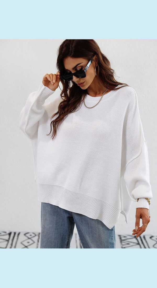 Exposed Seam Dropped Shoulder Slit Sweater