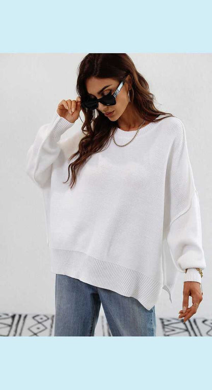 Exposed Seam Dropped Shoulder Slit Sweater